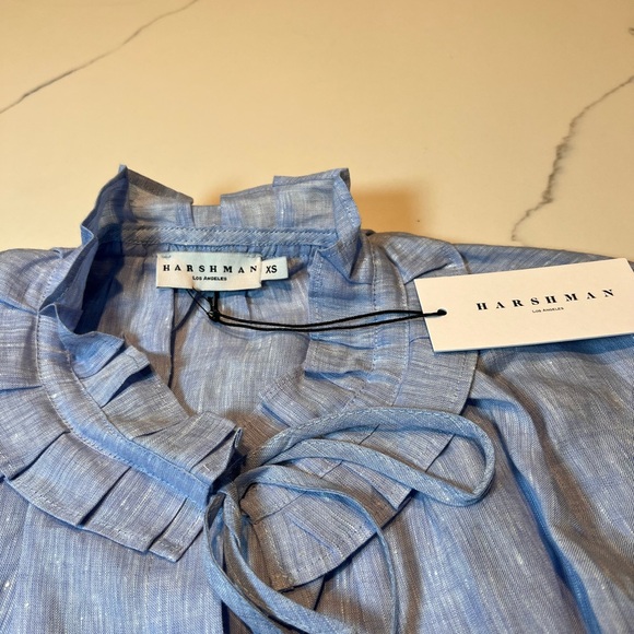 HARSHMAN X-S Linen Blue Striped Blouse with Ruffle Collar - Picture 3 of 8